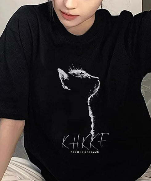 ビッグtシャツ レディース 半袖トップス 韓国風 イラストtシャツ おしゃれ カジュアルトップス 春夏 ドロップショルダーt ゆったり 着やせ 猫プリントtシャツ 1GJYS-001