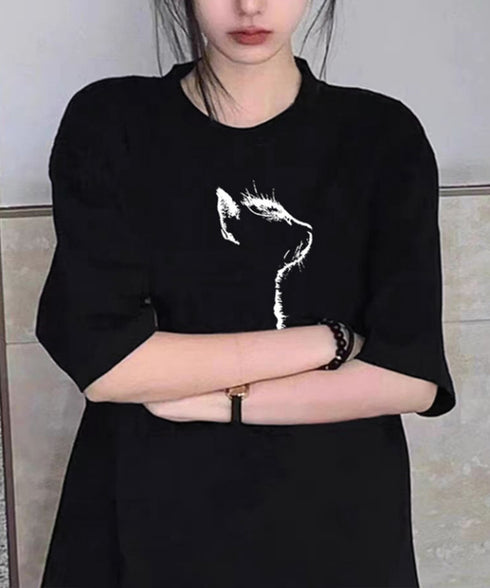 ビッグtシャツ レディース 半袖トップス 韓国風 イラストtシャツ おしゃれ カジュアルトップス 春夏 ドロップショルダーt ゆったり 着やせ 猫プリントtシャツ 1GJYS-001