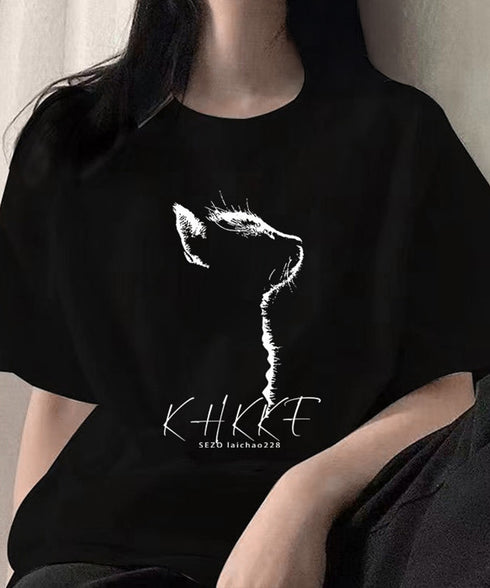 ビッグtシャツ レディース 半袖トップス 韓国風 イラストtシャツ おしゃれ カジュアルトップス 春夏 ドロップショルダーt ゆったり 着やせ 猫プリントtシャツ 1GJYS-001