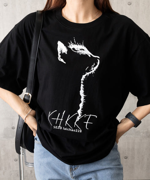 ビッグtシャツ レディース 半袖トップス 韓国風 イラストtシャツ おしゃれ カジュアルトップス 春夏 ドロップショルダーt ゆったり 着やせ 猫プリントtシャツ 1GJYS-001