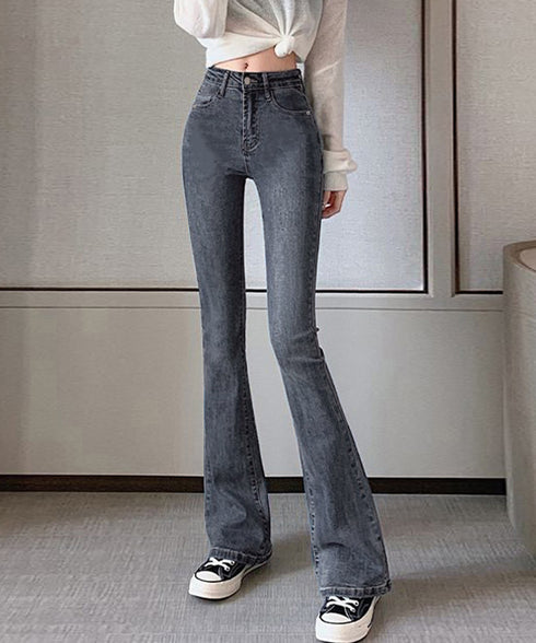 フレアデニムパンツストレッチパンツ韓国風 レディース ハイウエスト セミフレアパンツ 美脚 ロングパンツ カジュアルジーパン 着やせ アメカジパンツ 細身ボトムス 1HANNIU-001
