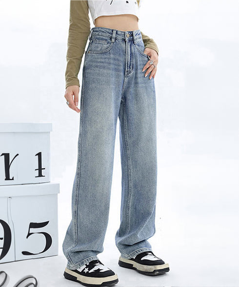 裏起毛デニムパンツストレートデニム裏ボア レディース ハイウエスト セミワイドパンツ 韓国風 ウォッシュ加工デニム あったか ジーパン 美脚脚長カジュアルボトムス 1HANNIU-003