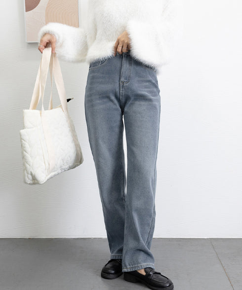 裏起毛デニムパンツストレートデニム裏ボア レディース ハイウエスト セミワイドパンツ 韓国風 ウォッシュ加工デニム あったか ジーパン 美脚脚長カジュアルボトムス 1HANNIU-003