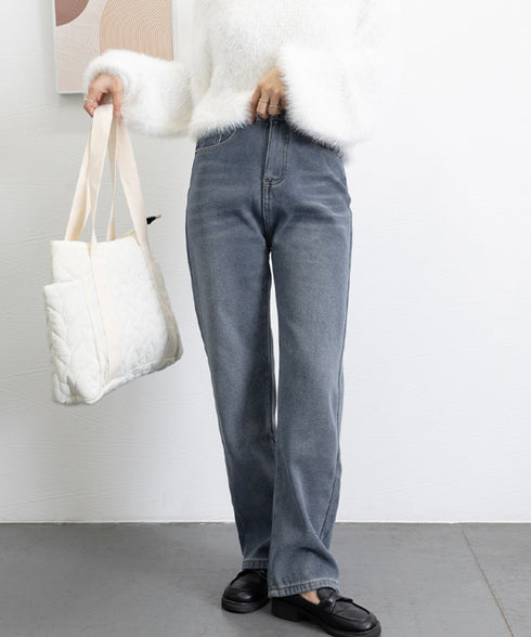 裏起毛デニムパンツストレートデニム裏ボア レディース ハイウエスト セミワイドパンツ 韓国風 ウォッシュ加工デニム あったか ジーパン 美脚脚長カジュアルボトムス 1HANNIU-003