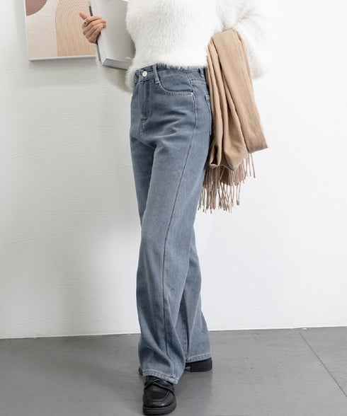 裏起毛デニムパンツストレートデニム裏ボア レディース ハイウエスト セミワイドパンツ 韓国風 ウォッシュ加工デニム あったか ジーパン 美脚脚長カジュアルボトムス 1HANNIU-003