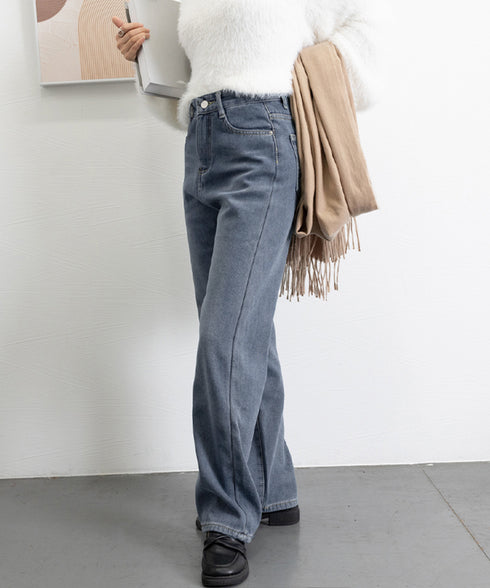 裏起毛デニムパンツストレートデニム裏ボア レディース ハイウエスト セミワイドパンツ 韓国風 ウォッシュ加工デニム あったか ジーパン 美脚脚長カジュアルボトムス 1HANNIU-003