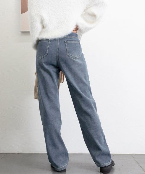 裏起毛デニムパンツストレートデニム裏ボア レディース ハイウエスト セミワイドパンツ 韓国風 ウォッシュ加工デニム あったか ジーパン 美脚脚長カジュアルボトムス 1HANNIU-003