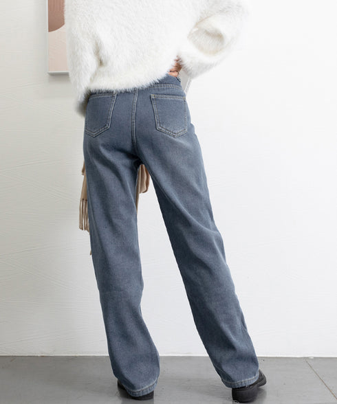 裏起毛デニムパンツストレートデニム裏ボア レディース ハイウエスト セミワイドパンツ 韓国風 ウォッシュ加工デニム あったか ジーパン 美脚脚長カジュアルボトムス 1HANNIU-003