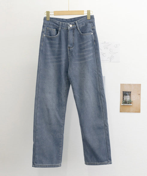 裏起毛デニムパンツストレートデニム裏ボア レディース ハイウエスト セミワイドパンツ 韓国風 ウォッシュ加工デニム あったか ジーパン 美脚脚長カジュアルボトムス 1HANNIU-003