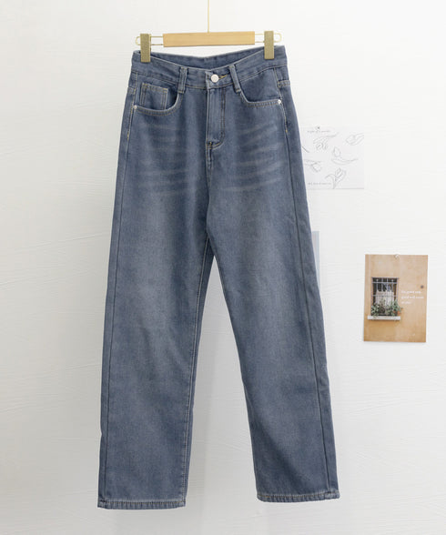 裏起毛デニムパンツストレートデニム裏ボア レディース ハイウエスト セミワイドパンツ 韓国風 ウォッシュ加工デニム あったか ジーパン 美脚脚長カジュアルボトムス 1HANNIU-003