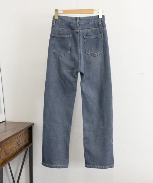 裏起毛デニムパンツストレートデニム裏ボア レディース ハイウエスト セミワイドパンツ 韓国風 ウォッシュ加工デニム あったか ジーパン 美脚脚長カジュアルボトムス 1HANNIU-003