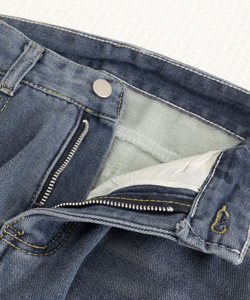 裏起毛デニムパンツストレートデニム裏ボア レディース ハイウエスト セミワイドパンツ 韓国風 ウォッシュ加工デニム あったか ジーパン 美脚脚長カジュアルボトムス 1HANNIU-003