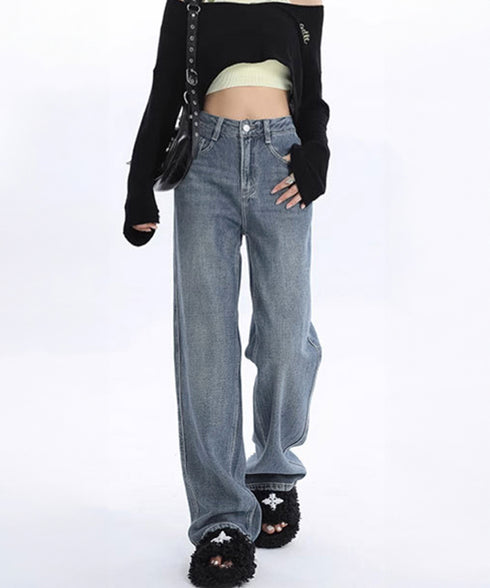 裏起毛デニムパンツストレートデニム裏ボア レディース ハイウエスト セミワイドパンツ 韓国風 ウォッシュ加工デニム あったか ジーパン 美脚脚長カジュアルボトムス 1HANNIU-003