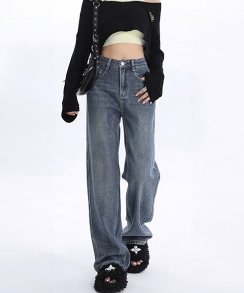 裏起毛デニムパンツストレートデニム裏ボア レディース ハイウエスト セミワイドパンツ 韓国風 ウォッシュ加工デニム あったか ジーパン 美脚脚長カジュアルボトムス 1HANNIU-003