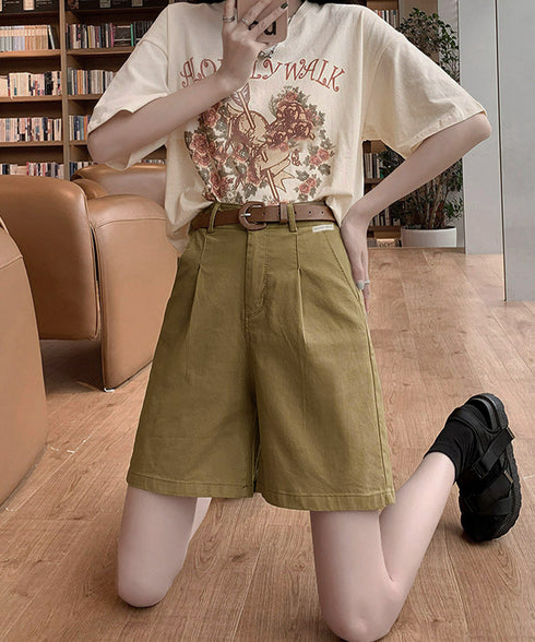 ベルト付きショートパンツ タック入り夏服 レディース ハイウエスト Aラインパンツ オフィスカジュアルショーパン 通勤通学ボトムス 20代30代40代ハーフパンツ 1HLFENG-001