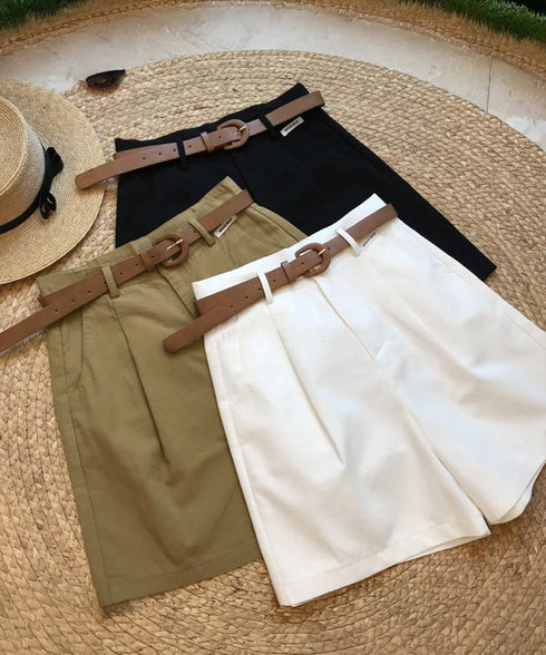 ベルト付きショートパンツ タック入り夏服 レディース ハイウエスト Aラインパンツ オフィスカジュアルショーパン 通勤通学ボトムス 20代30代40代ハーフパンツ 1HLFENG-001