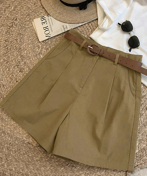 ベルト付きショートパンツ タック入り夏服 レディース ハイウエスト Aラインパンツ オフィスカジュアルショーパン 通勤通学ボトムス 20代30代40代ハーフパンツ 1HLFENG-001
