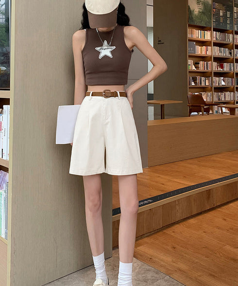 ベルト付きショートパンツ タック入り夏服 レディース ハイウエスト Aラインパンツ オフィスカジュアルショーパン 通勤通学ボトムス 20代30代40代ハーフパンツ 1HLFENG-001