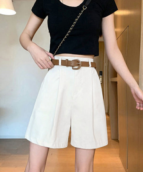 ベルト付きショートパンツ タック入り夏服 レディース ハイウエスト Aラインパンツ オフィスカジュアルショーパン 通勤通学ボトムス 20代30代40代ハーフパンツ 1HLFENG-001