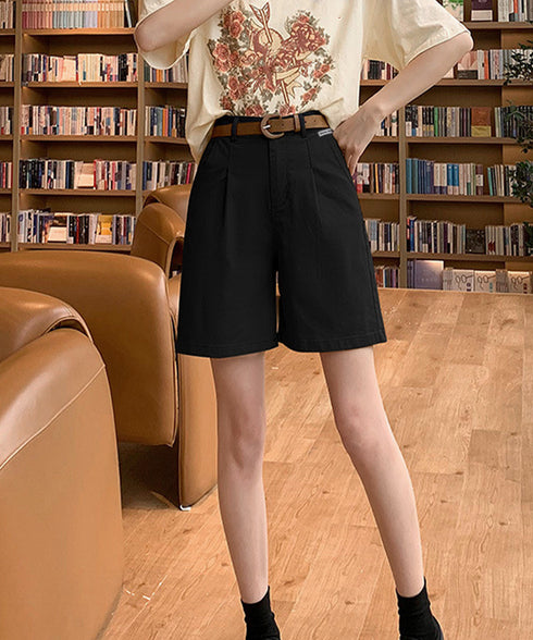 ベルト付きショートパンツ タック入り夏服 レディース ハイウエスト Aラインパンツ オフィスカジュアルショーパン 通勤通学ボトムス 20代30代40代ハーフパンツ 1HLFENG-001