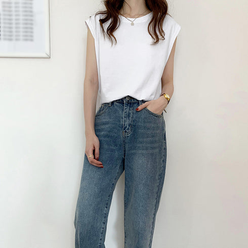 フレンチスリーブ Tシャツ白黒レディース おしゃれ ノースリーブカットソー 無地 クルーネックプルオーバー 韓国ファッショ夏トップス シンプル カジュアルtシャツ 1HUAJT-001