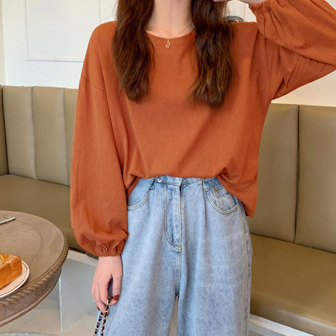 長袖Tシャツ ドロップショルダーtシャツ ゆったりtシャツ レディース 着やせトップス 薄手 無地 おしゃれ シンプルカットソー 韓国 オルチャン秋服 体型カバー 1HUAJT-003