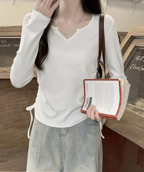 サイドドローストリングTシャツキーネック 長袖カットソーレディース サイドスピンドル シンプルトップス Vネックショート丈tシャツ 着やせ カジュアルプルオーバー 1HUAJT-004