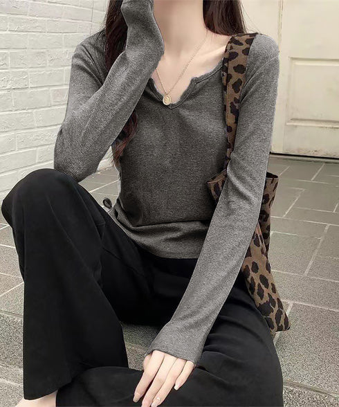 サイドドローストリングTシャツキーネック 長袖カットソーレディース サイドスピンドル シンプルトップス Vネックショート丈tシャツ 着やせ カジュアルプルオーバー 1HUAJT-004