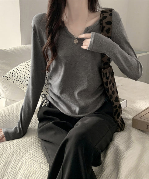 サイドドローストリングTシャツキーネック 長袖カットソーレディース サイドスピンドル シンプルトップス Vネックショート丈tシャツ 着やせ カジュアルプルオーバー 1HUAJT-004