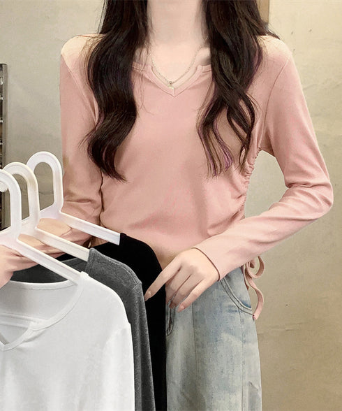 サイドドローストリングTシャツキーネック 長袖カットソーレディース サイドスピンドル シンプルトップス Vネックショート丈tシャツ 着やせ カジュアルプルオーバー 1HUAJT-004