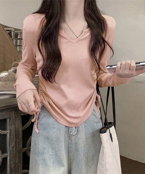 サイドドローストリングTシャツキーネック 長袖カットソーレディース サイドスピンドル シンプルトップス Vネックショート丈tシャツ 着やせ カジュアルプルオーバー 1HUAJT-004