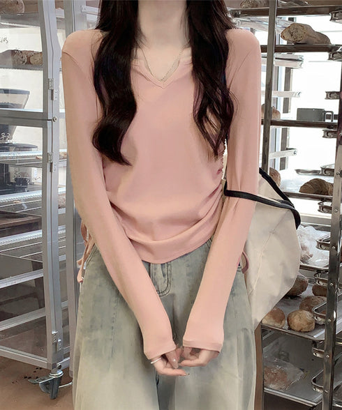 サイドドローストリングTシャツキーネック 長袖カットソーレディース サイドスピンドル シンプルトップス Vネックショート丈tシャツ 着やせ カジュアルプルオーバー 1HUAJT-004