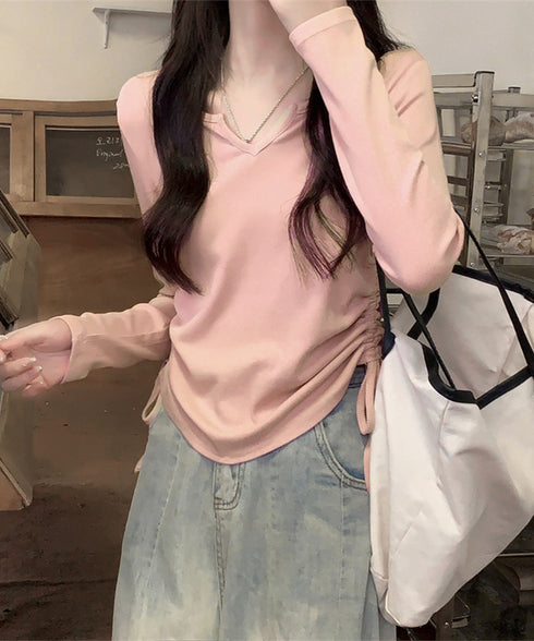 サイドドローストリングTシャツキーネック 長袖カットソーレディース サイドスピンドル シンプルトップス Vネックショート丈tシャツ 着やせ カジュアルプルオーバー 1HUAJT-004