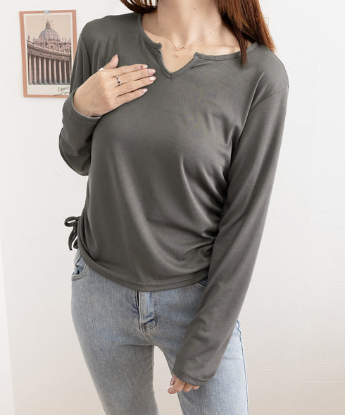 サイドドローストリングTシャツキーネック 長袖カットソーレディース サイドスピンドル シンプルトップス Vネックショート丈tシャツ 着やせ カジュアルプルオーバー 1HUAJT-004