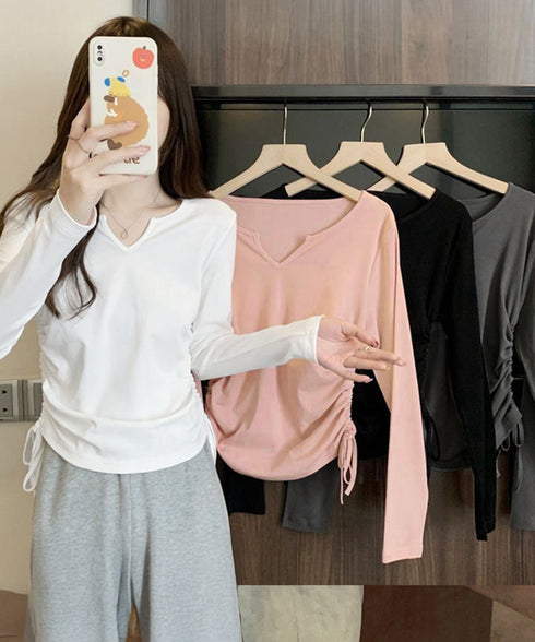 サイドドローストリングTシャツキーネック 長袖カットソーレディース サイドスピンドル シンプルトップス Vネックショート丈tシャツ 着やせ カジュアルプルオーバー 1HUAJT-004