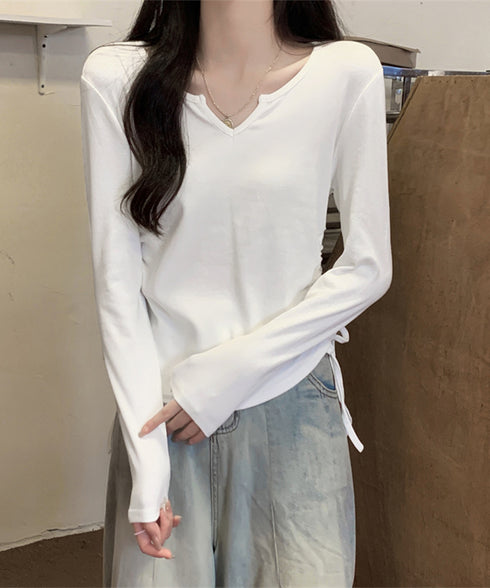 サイドドローストリングTシャツキーネック 長袖カットソーレディース サイドスピンドル シンプルトップス Vネックショート丈tシャツ 着やせ カジュアルプルオーバー 1HUAJT-004