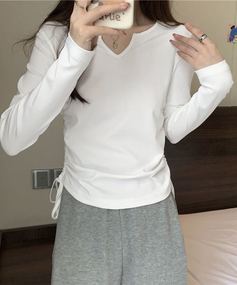 サイドドローストリングTシャツキーネック 長袖カットソーレディース サイドスピンドル シンプルトップス Vネックショート丈tシャツ 着やせ カジュアルプルオーバー 1HUAJT-004