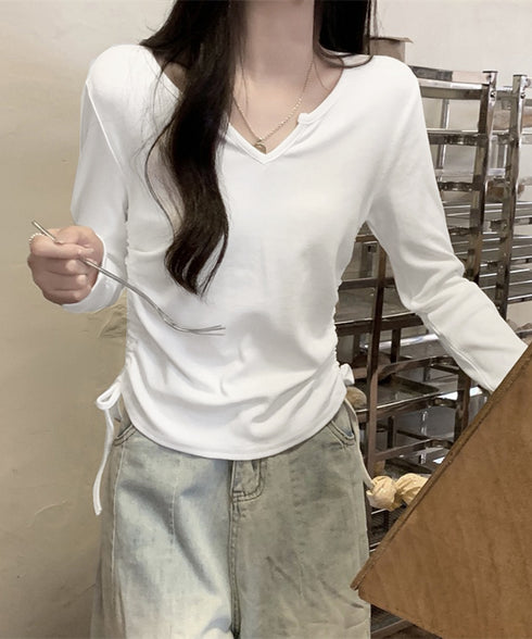 サイドドローストリングTシャツキーネック 長袖カットソーレディース サイドスピンドル シンプルトップス Vネックショート丈tシャツ 着やせ カジュアルプルオーバー 1HUAJT-004