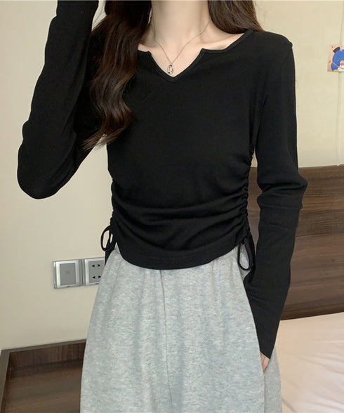 サイドドローストリングTシャツキーネック 長袖カットソーレディース サイドスピンドル シンプルトップス Vネックショート丈tシャツ 着やせ カジュアルプルオーバー 1HUAJT-004