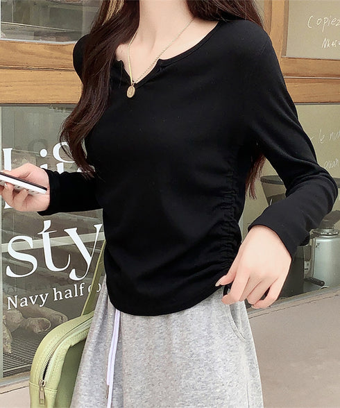 サイドドローストリングTシャツキーネック 長袖カットソーレディース サイドスピンドル シンプルトップス Vネックショート丈tシャツ 着やせ カジュアルプルオーバー 1HUAJT-004