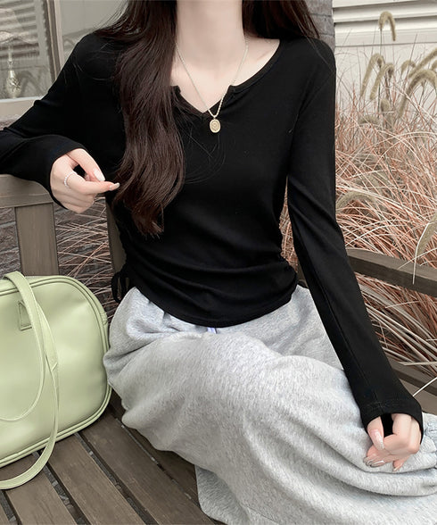 サイドドローストリングTシャツキーネック 長袖カットソーレディース サイドスピンドル シンプルトップス Vネックショート丈tシャツ 着やせ カジュアルプルオーバー 1HUAJT-004