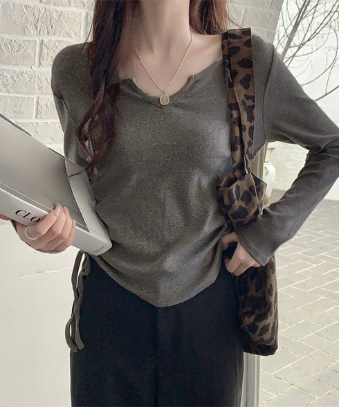 サイドドローストリングTシャツキーネック 長袖カットソーレディース サイドスピンドル シンプルトップス Vネックショート丈tシャツ 着やせ カジュアルプルオーバー 1HUAJT-004