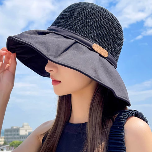 日焼け防止帽子 レディースストローハット 韓国 紐付き つば広 折り畳み帽子 運動会 ママ 日除け 自転車帽子 飛ばない 小顔見せ帽子 おしゃれサンバイザー 遮光 1JIANM-001