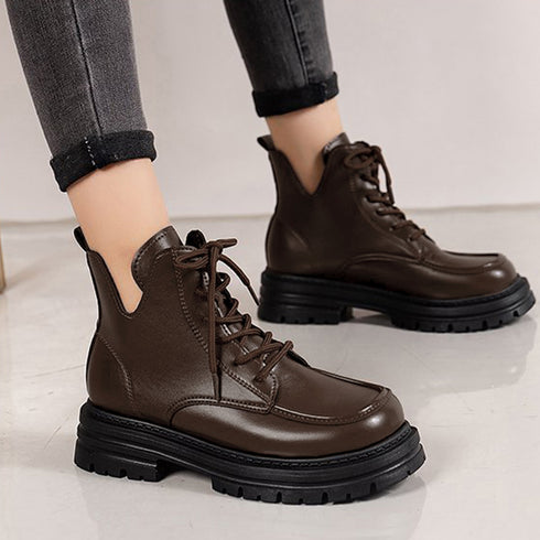 厚底ブーツ韓国 編み上げシューズ美脚脚長 トラックソールブーツ レディース 歩きやすい ボリュームソール レースアップブーツ アンクルブーツ ショートブーツ 秋冬 1JL-001