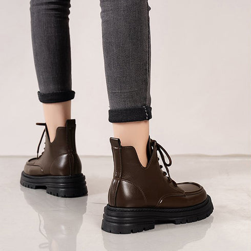 厚底ブーツ韓国 編み上げシューズ美脚脚長 トラックソールブーツ レディース 歩きやすい ボリュームソール レースアップブーツ アンクルブーツ ショートブーツ 秋冬 1JL-001