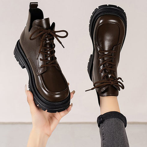 厚底ブーツ韓国 編み上げシューズ美脚脚長 トラックソールブーツ レディース 歩きやすい ボリュームソール レースアップブーツ アンクルブーツ ショートブーツ 秋冬 1JL-001