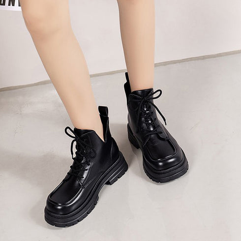 厚底ブーツ韓国 編み上げシューズ美脚脚長 トラックソールブーツ レディース 歩きやすい ボリュームソール レースアップブーツ アンクルブーツ ショートブーツ 秋冬 1JL-001