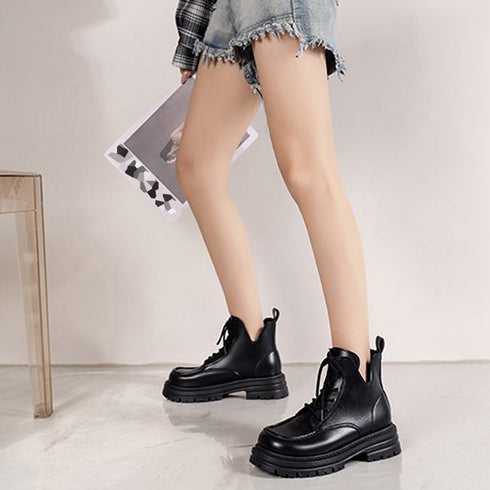 厚底ブーツ韓国 編み上げシューズ美脚脚長 トラックソールブーツ レディース 歩きやすい ボリュームソール レースアップブーツ アンクルブーツ ショートブーツ 秋冬 1JL-001
