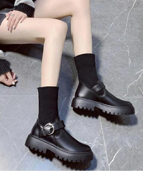 ニットブーツ レディース ソックスブーツ 厚底ショートブーツ 2way美脚ワークブーツ バックルベルト 秋冬ブーティー カジュアルシューズ 歩きやすい靴おしゃれ 1JL-004