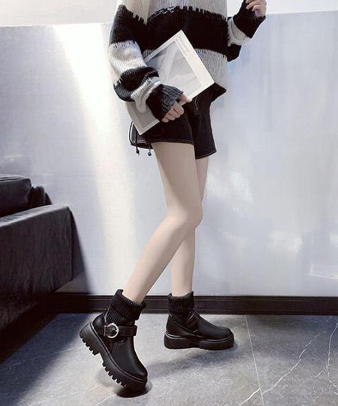 ニットブーツ レディース ソックスブーツ 厚底ショートブーツ 2way美脚ワークブーツ バックルベルト 秋冬ブーティー カジュアルシューズ 歩きやすい靴おしゃれ 1JL-004